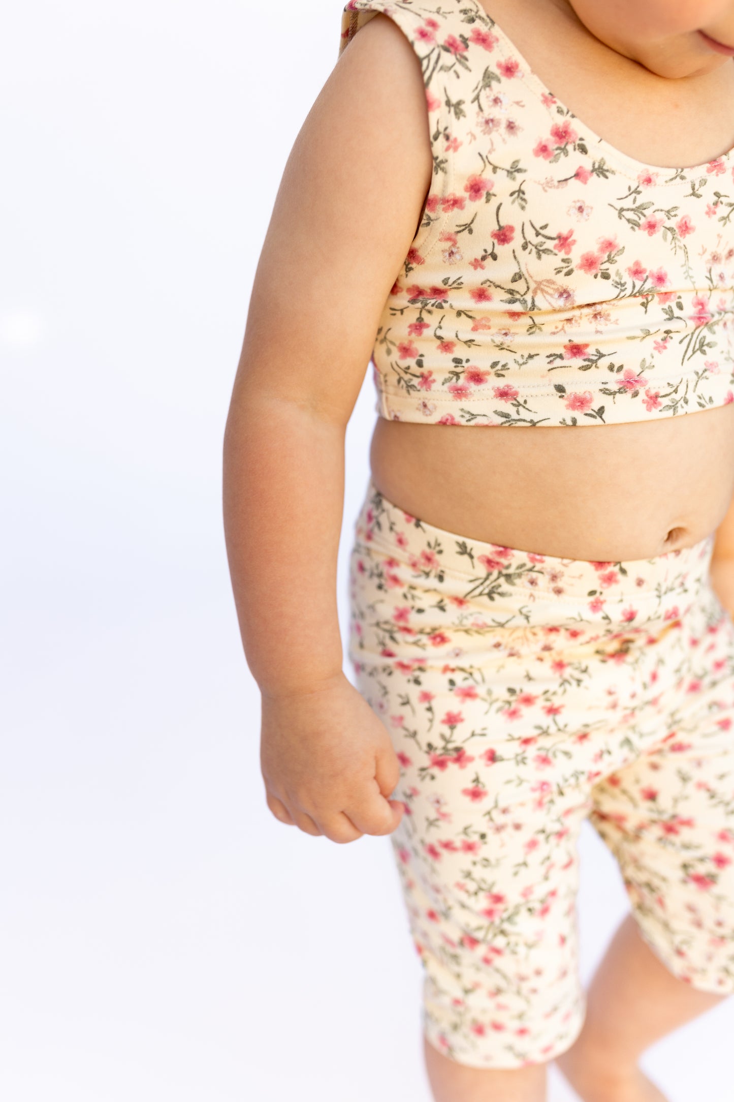 Ivory Spring Flower Biker Shorts and Crop Top Set