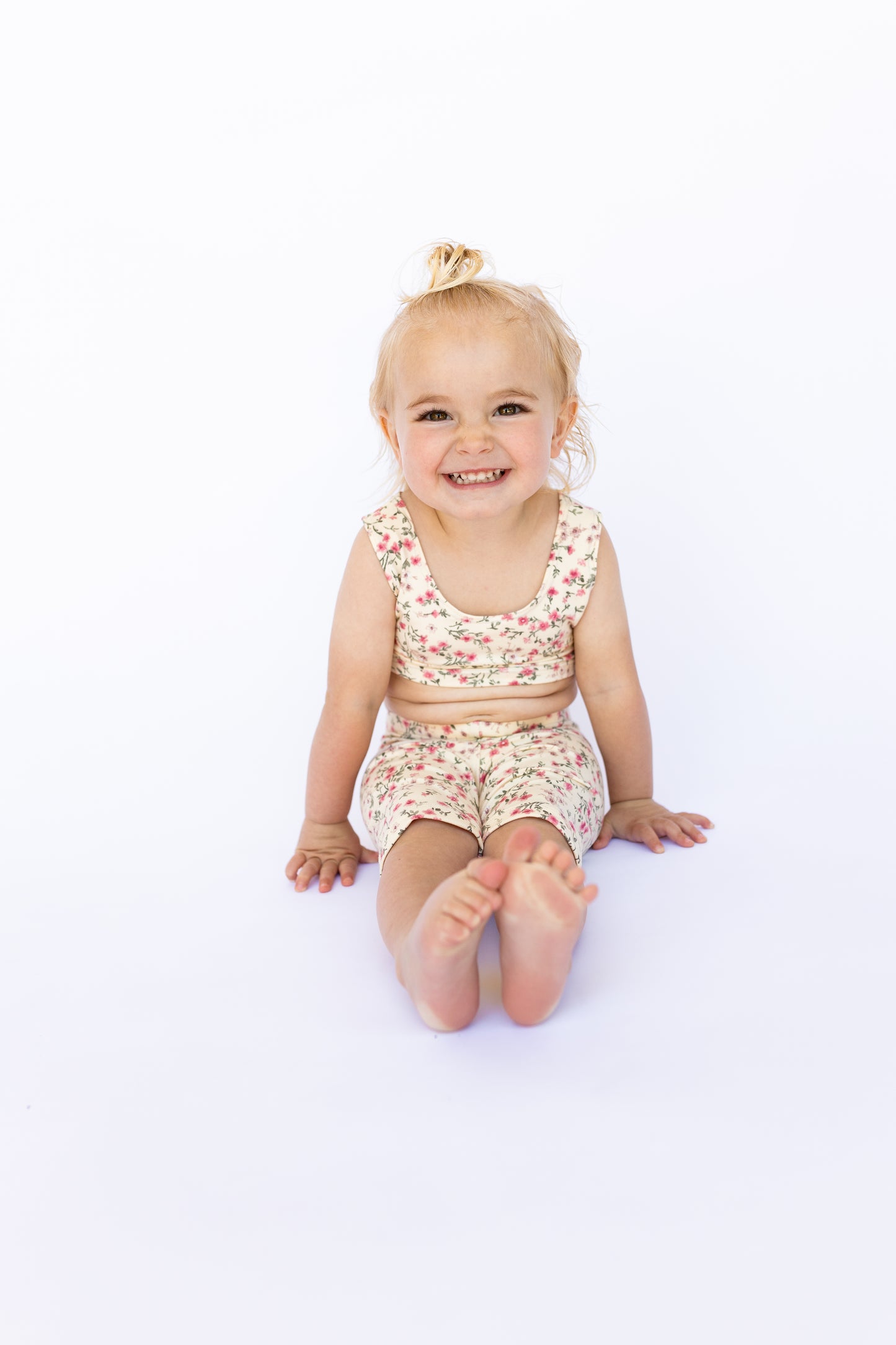 Ivory Spring Flower Biker Shorts and Crop Top Set