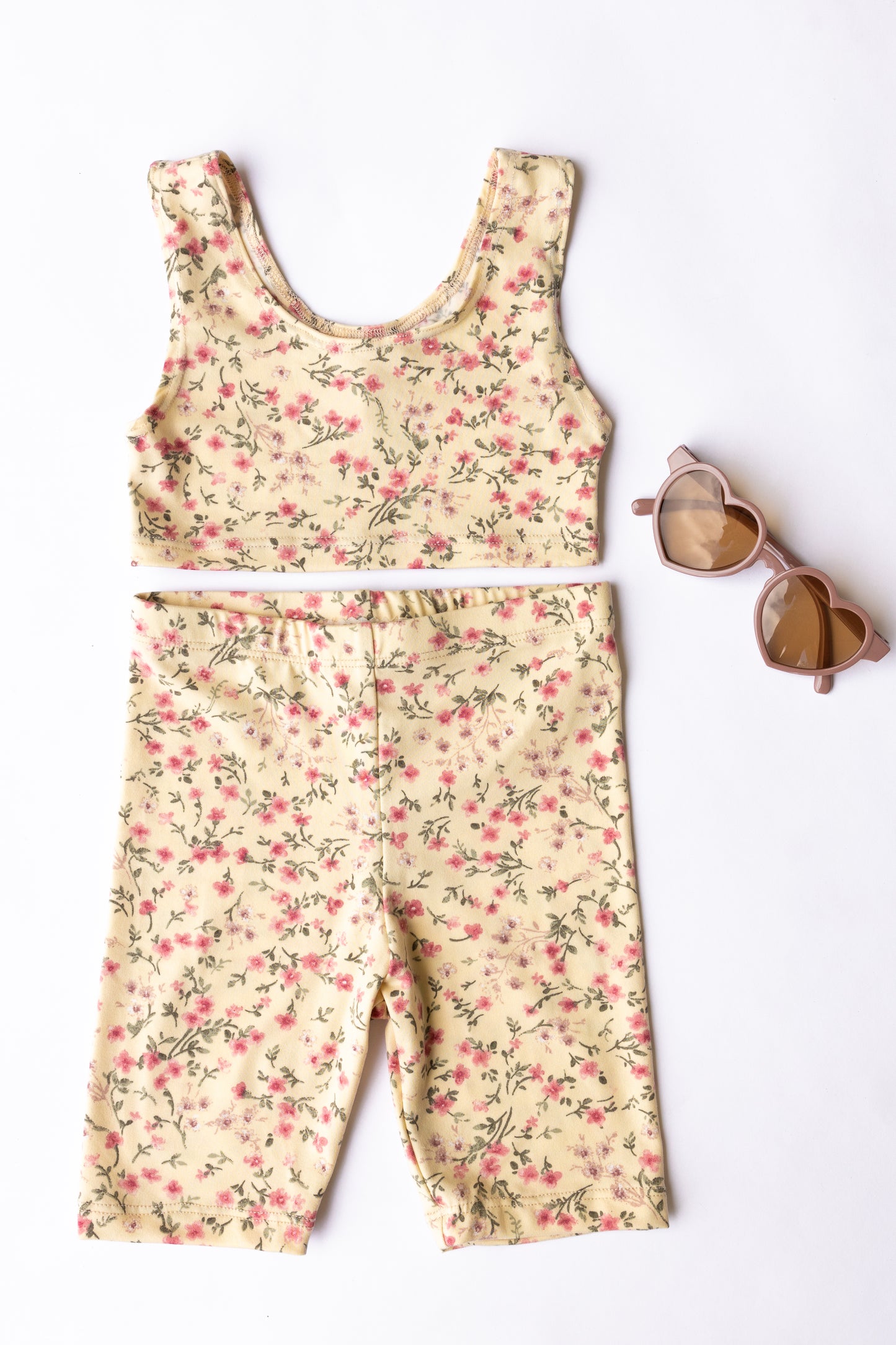 Ivory Spring Flower Biker Shorts and Crop Top Set