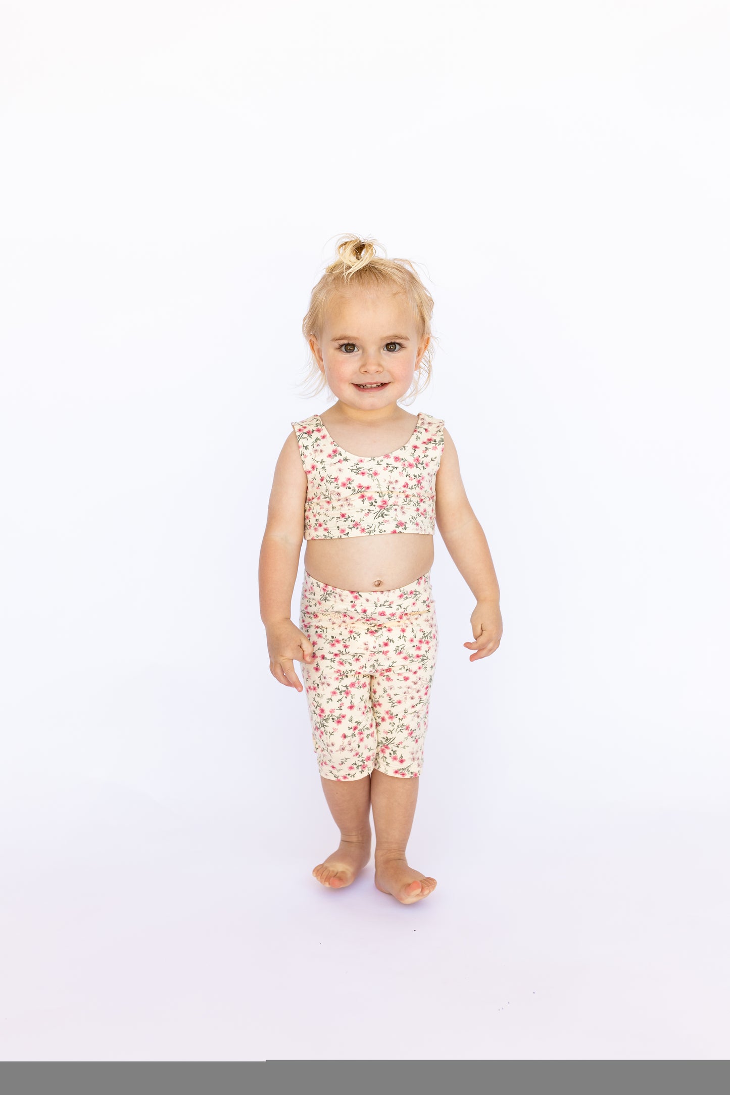 Ivory Spring Flower Biker Shorts and Crop Top Set
